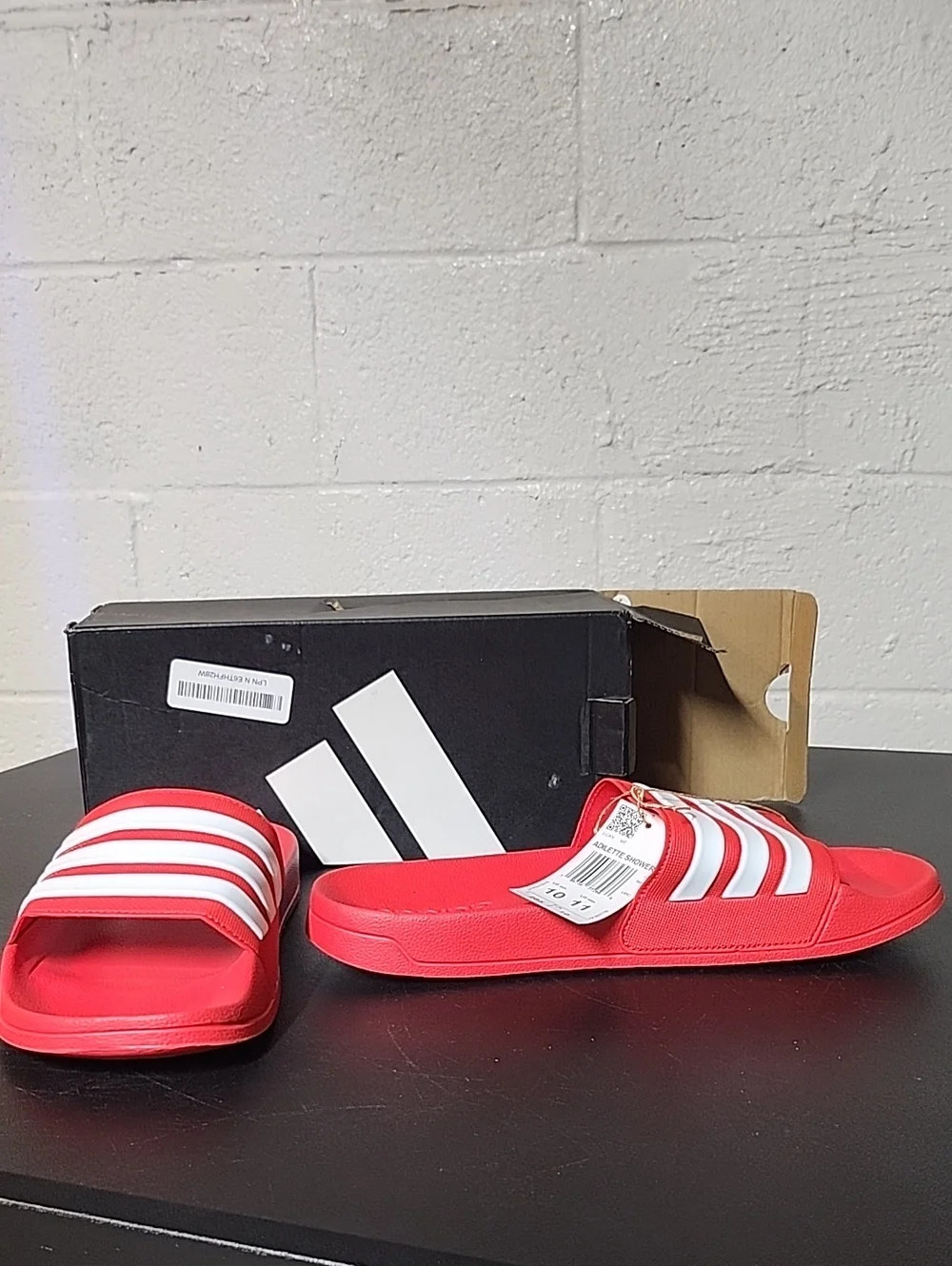 adidas Shower Red Slide Sandals with White Stripes